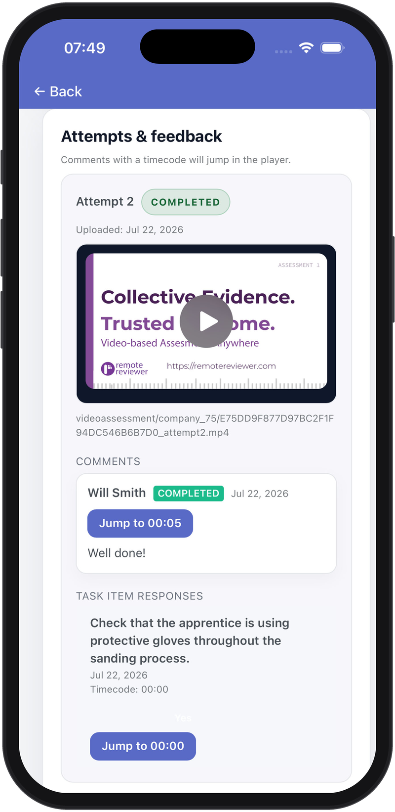 Remote Reviewer app attempts and reviewer feedback with timecoded comments