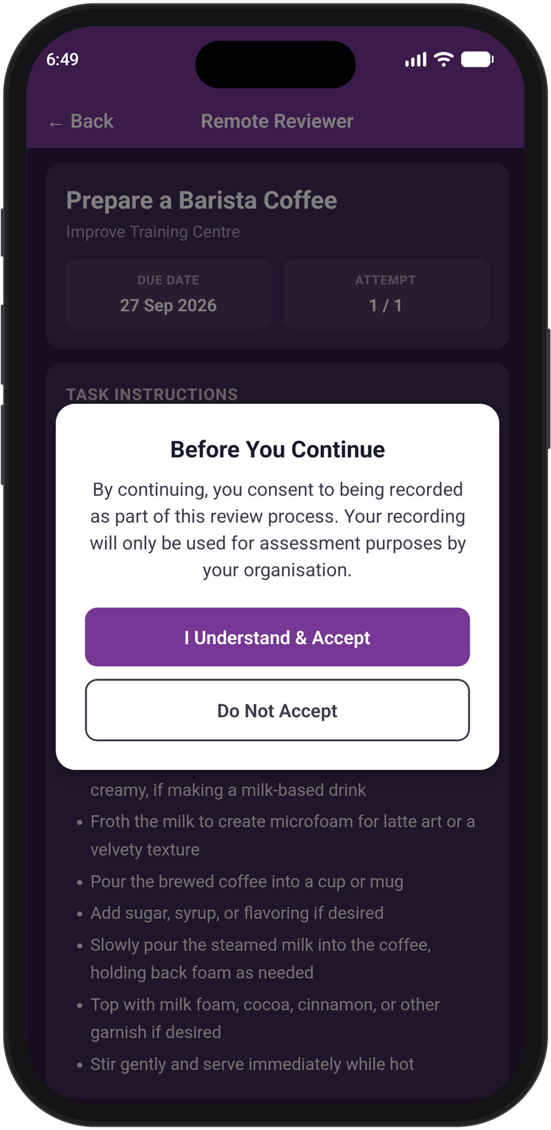 Remote Reviewer app consent prompt shown before recording