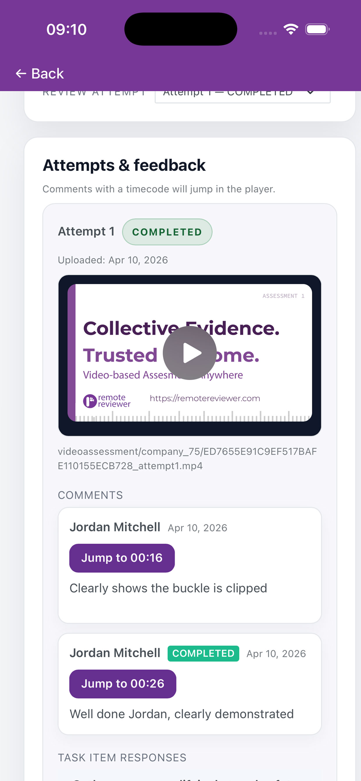 Remote Reviewer app reviewer feedback on a completed assessment