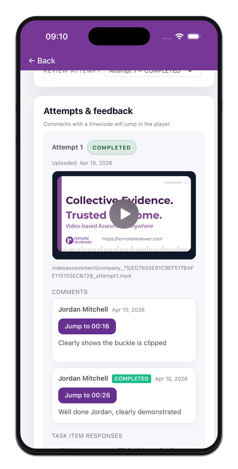 Remote Reviewer app reviewer feedback on a completed assessment