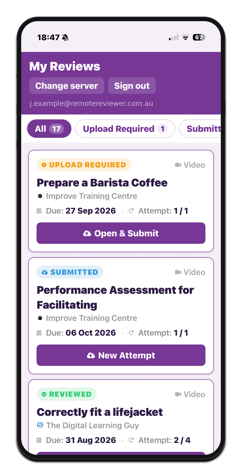 Remote Reviewer app list of assigned assessment tasks