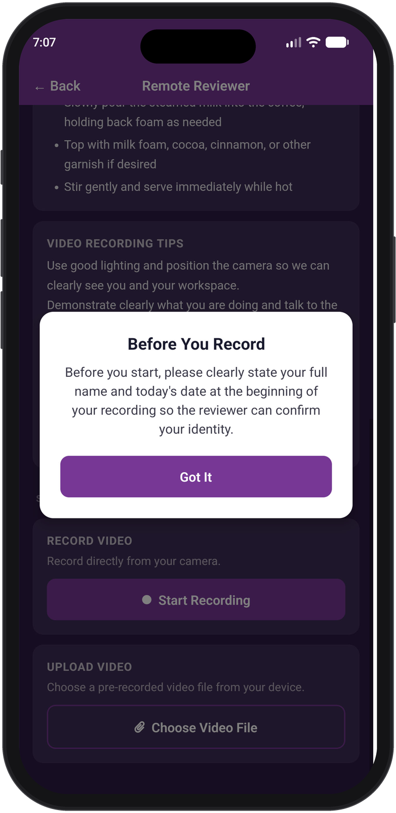 Remote Reviewer app prompt asking the candidate to state their name and date on camera