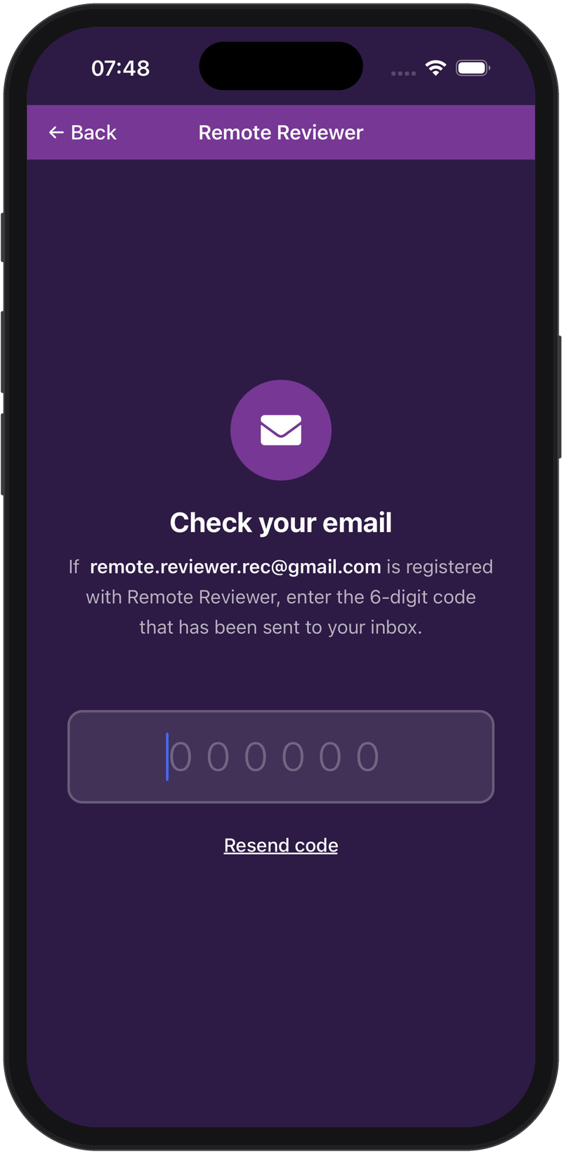 Remote Reviewer app six-digit email verification code screen