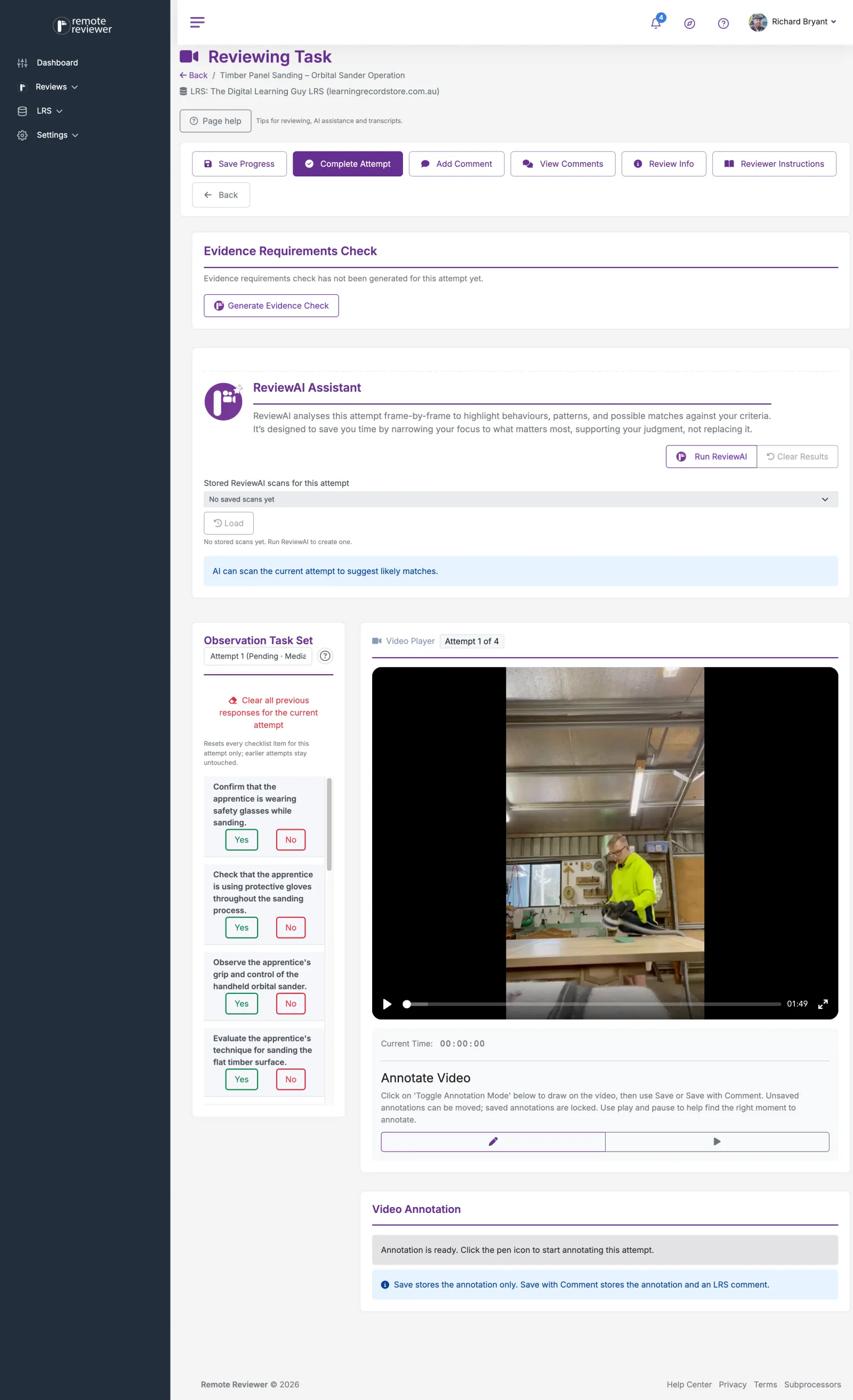 Remote Reviewer workspace reviewing a timber panel sanding task: ReviewAI assistant, observation checklist with Yes and No answers, video player and annotation tools